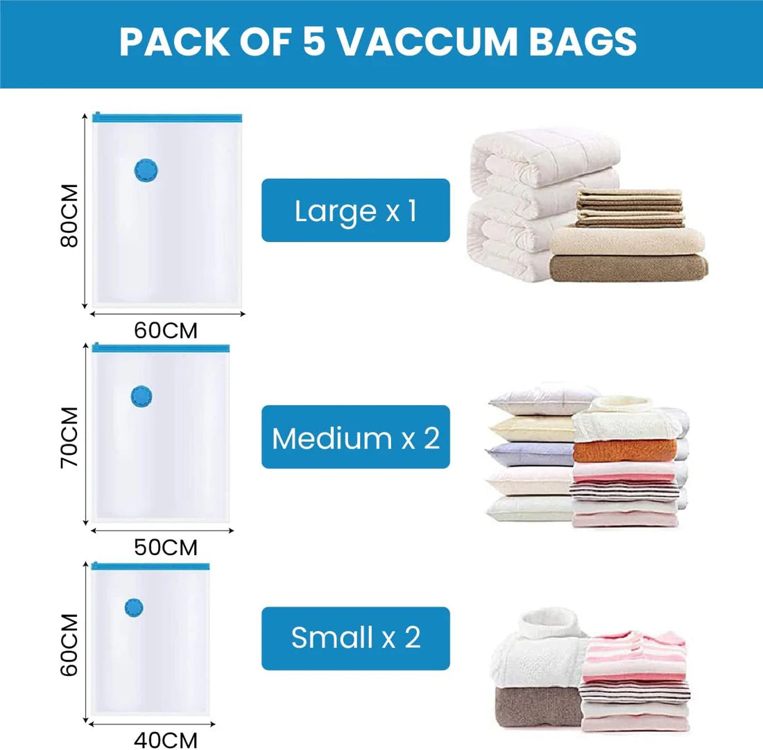 Space Saver (Set of 5) Reusable Vacuum Storage Ziplock Compression Sealer Bags