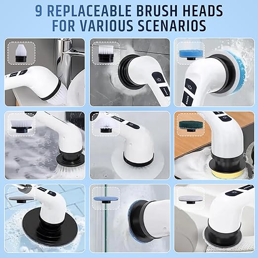 9-in-1 Electric Cleaning Brush – Multi-Surface Power Scrubber with Dual Speeds, Extendable Handle, Rechargeable Battery, and 9 Brush Heads for Home, Bathroom, Kitchen, Car (Pack of 1)